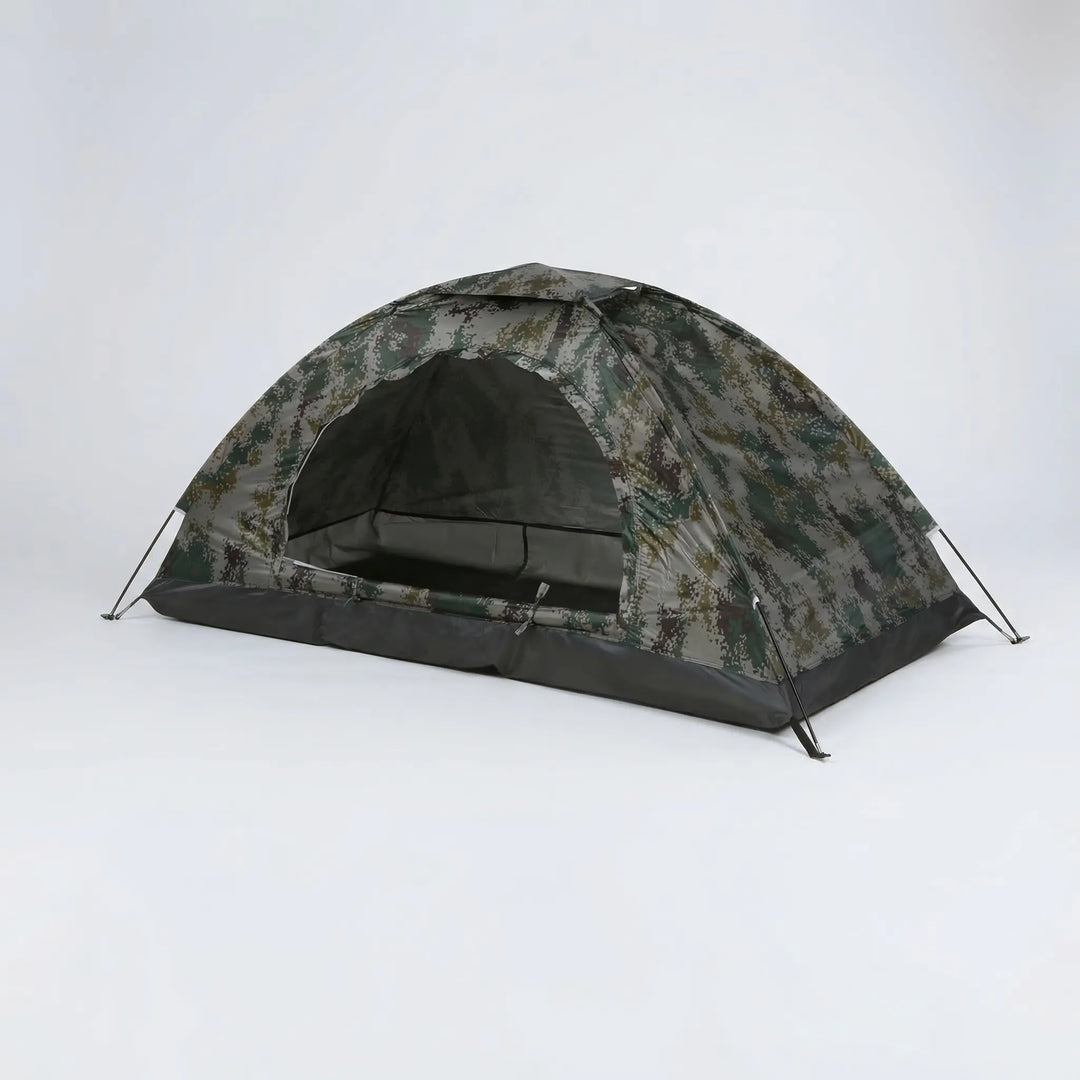 Unisex ultralight dome camping tent setup in nature, a lightweight 3-season single-layer shelter for hikers.