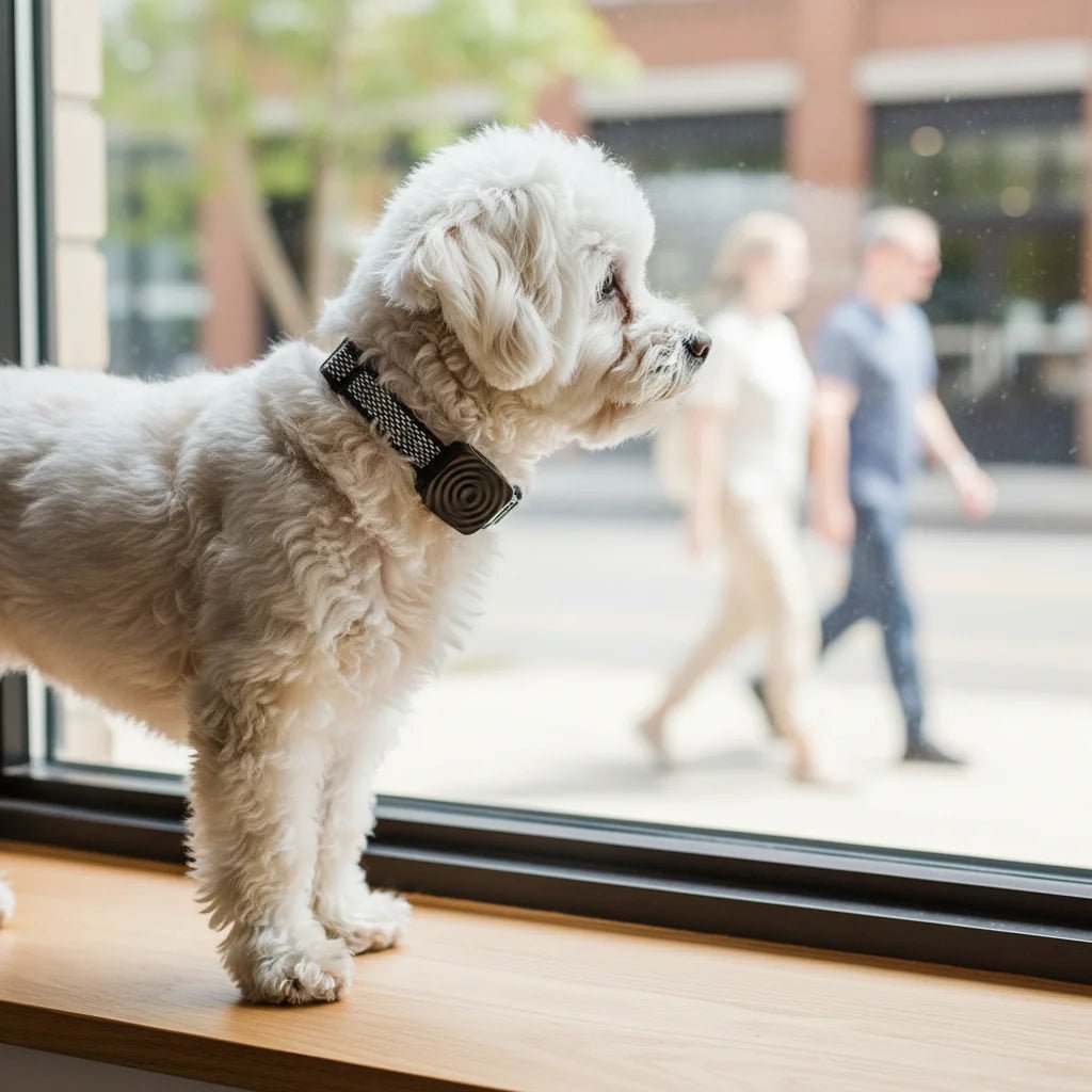 Dog wearing an ultrasonic bark control collar, illustrating pet training & anti-bark features.