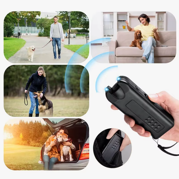 Unisex ultrasonic dog trainer with LED light, repelling dogs safely.