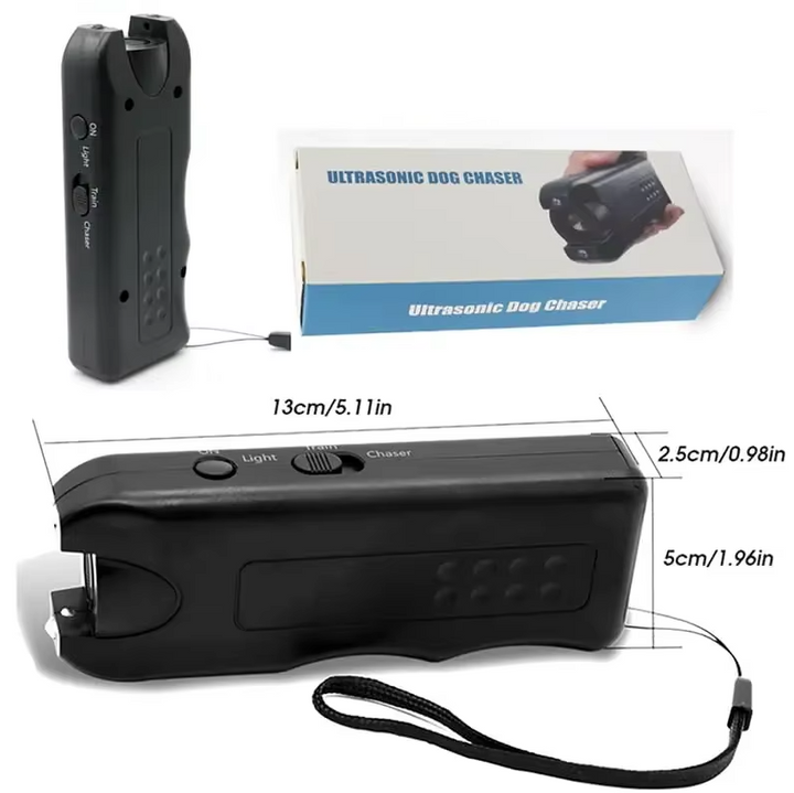 Dog training device: ultrasonic pet repeller with light and sound for care.