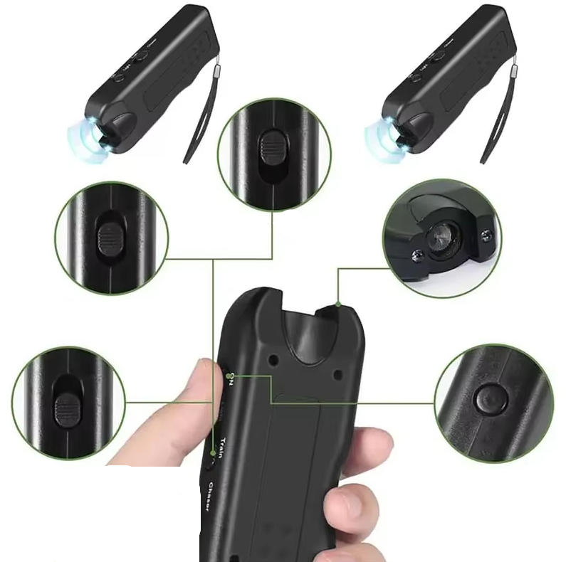 Compact ultrasonic dog trainer, features a bright LED light and sound for pet control.