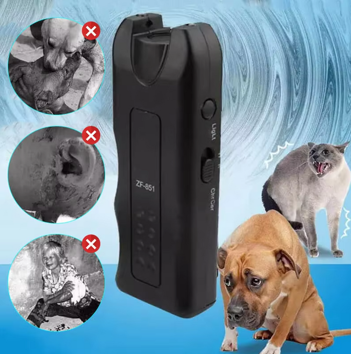 Unisex dog trainer: ultrasonic device with LED light and sound, ensuring pet safety.
