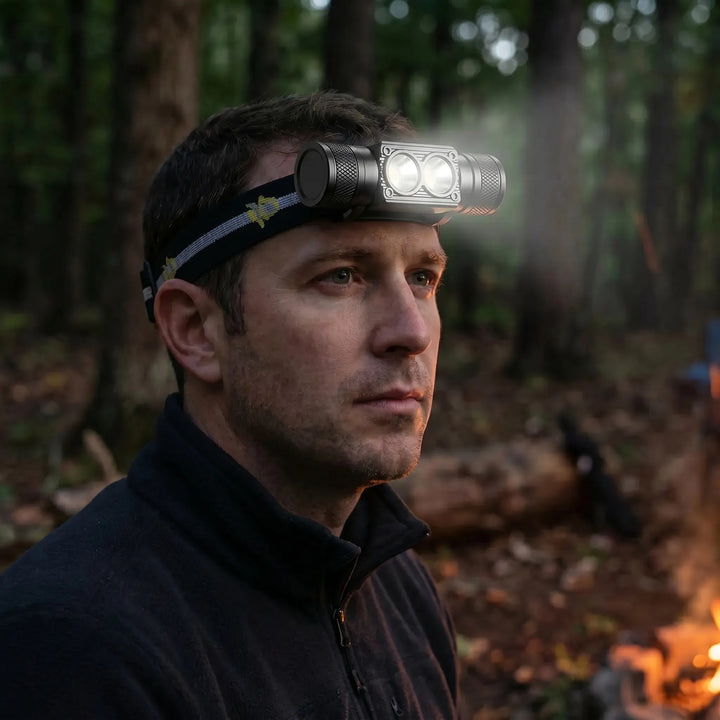 Unisex USB-C rechargeable LED headlamp for powerful, hands-free light during outdoor camping, hiking & fishing.