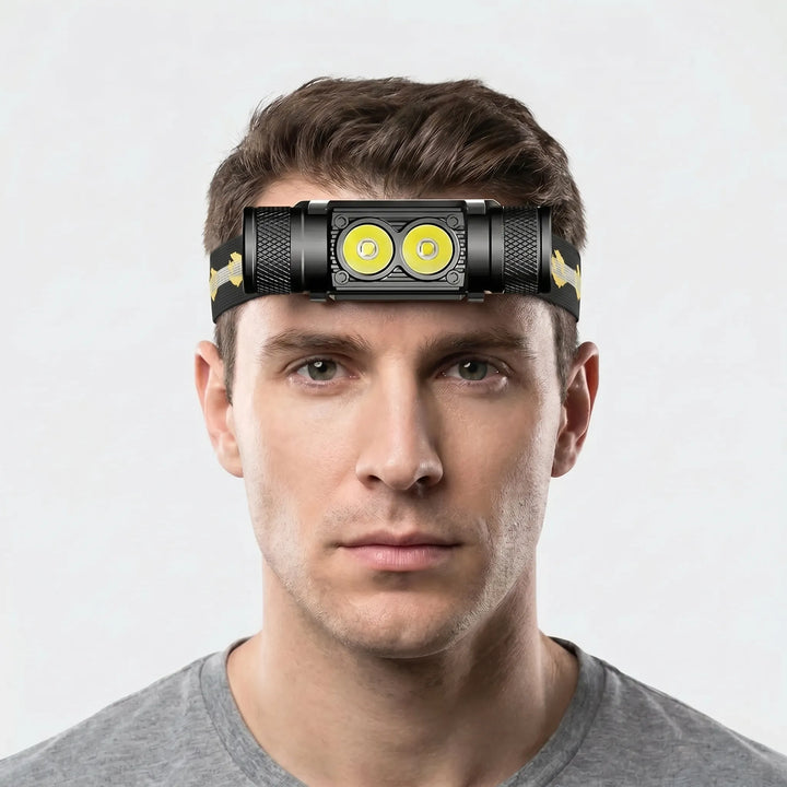 Bright LED headlamp, USB rechargeable, ideal for hands-free outdoor activities: hiking, camping, fishing. Unisex design.