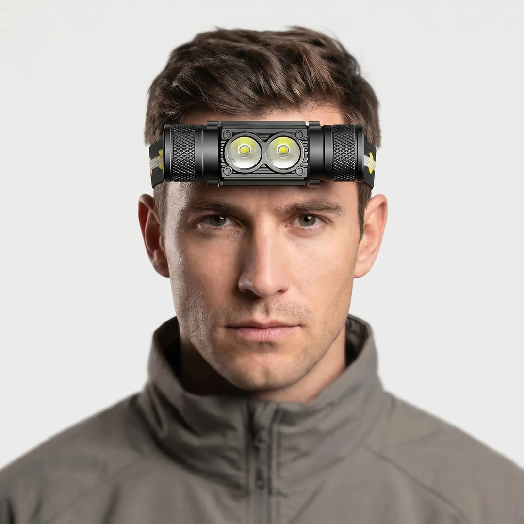 Unisex rechargeable LED headlamp, offers powerful hands-free illumination for camping, hiking, and outdoor adventures.