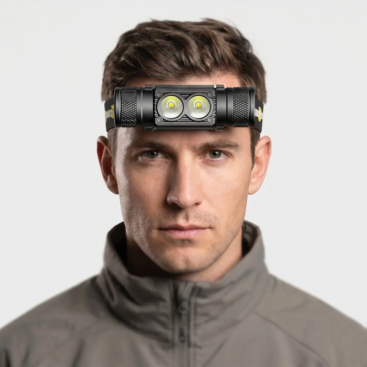 Unisex rechargeable LED headlamp, offers powerful hands-free illumination for camping, hiking, and outdoor adventures.