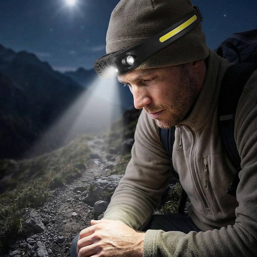 Unisex USB rechargeable LED headlamp for camping, hiking, & outdoor adventures. Hands-free illumination.