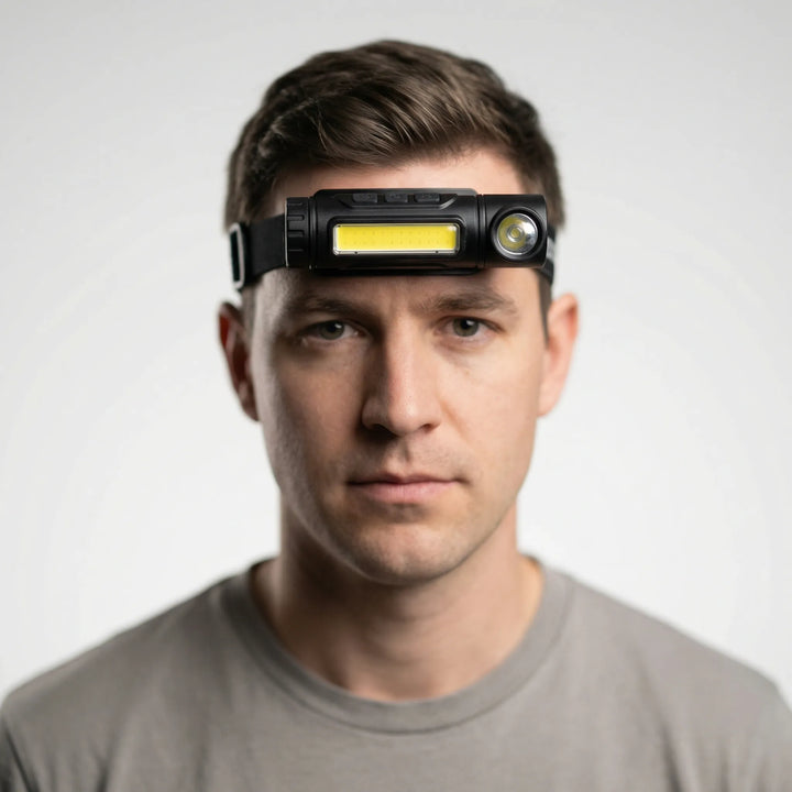 Bright LED headlamp, USB rechargeable for outdoor activities, work, & emergencies. Unisex design.