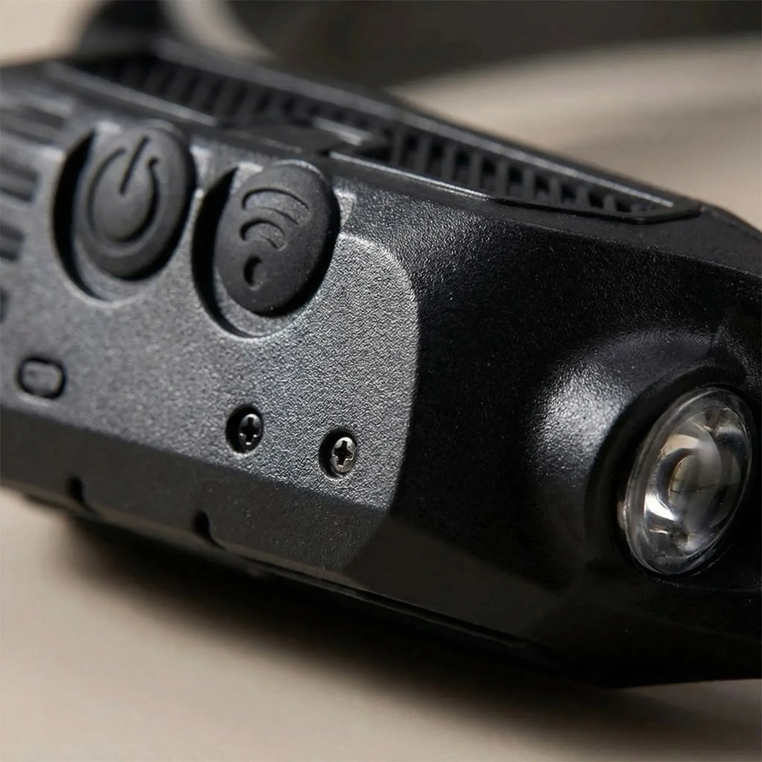 Hands-free LED headlamp for fishing, hiking, camping. USB rechargeable for reliable outdoor lighting.