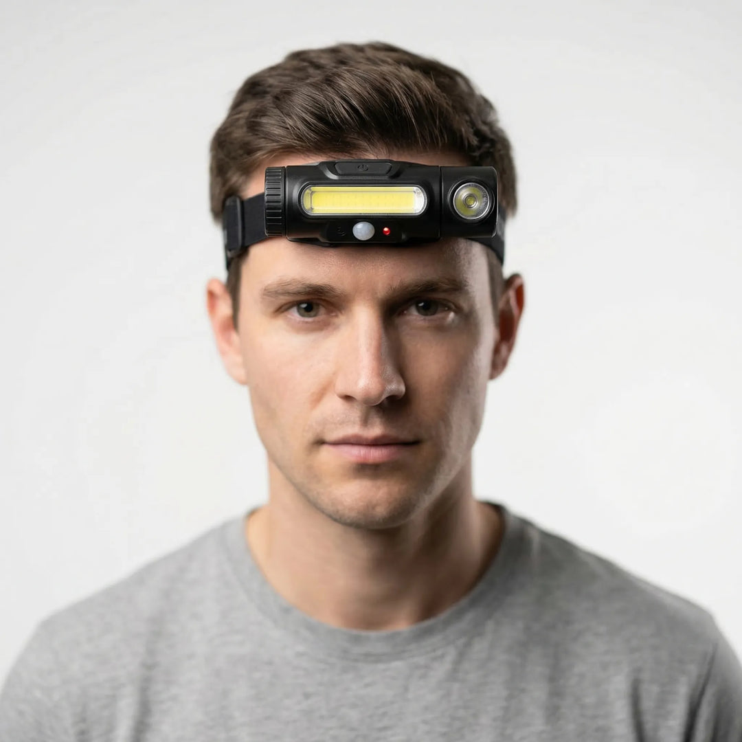 Adjustable unisex LED headlamp, USB rechargeable. Perfect work light for outdoor adventures & emergencies.