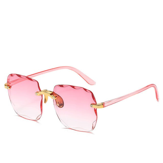 Fashionable unisex vintage rimless sunglasses, square lenses, UV400 eye protection, and lightweight summer shades.