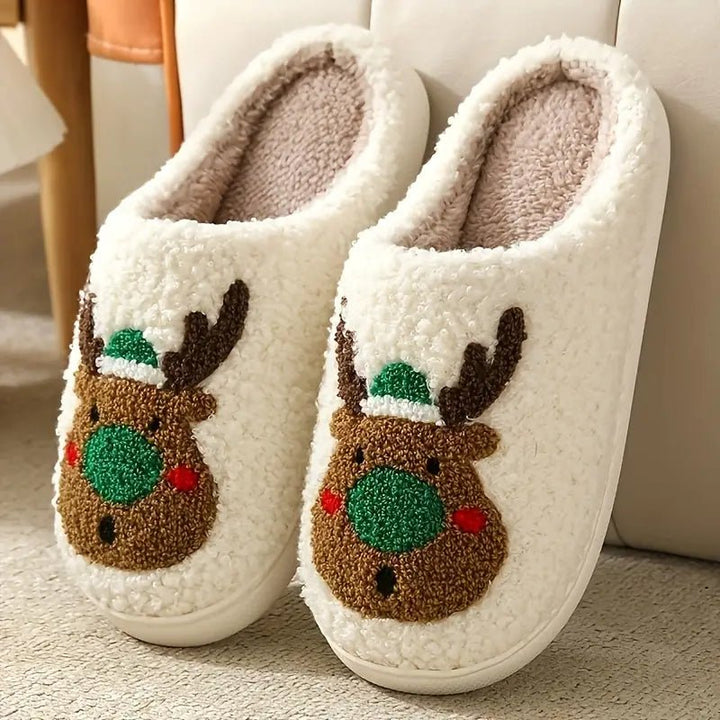 Unisex warm non-slip house slippers with festive deer motif, perfect for cozy winter evenings.