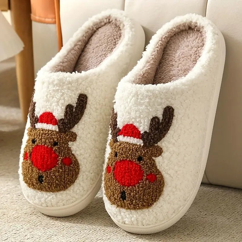 Non-slip unisex house slippers featuring a festive deer motif, ideal for secure & warm indoor wear.
