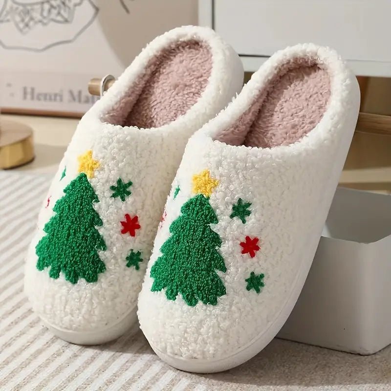 Festive deer motif house slippers for unisex adults, offering warmth, comfort, & style for the holidays.