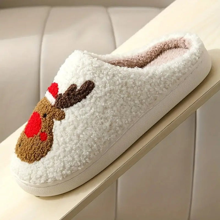 Winter footwear: comfortable unisex house slippers, non-slip and warm, adorned with a festive deer design.