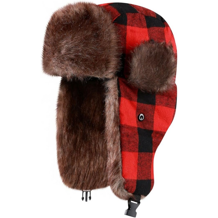 Stylish trapper hat with ear flaps, ideal for cold weather, winter fashion & headwear.