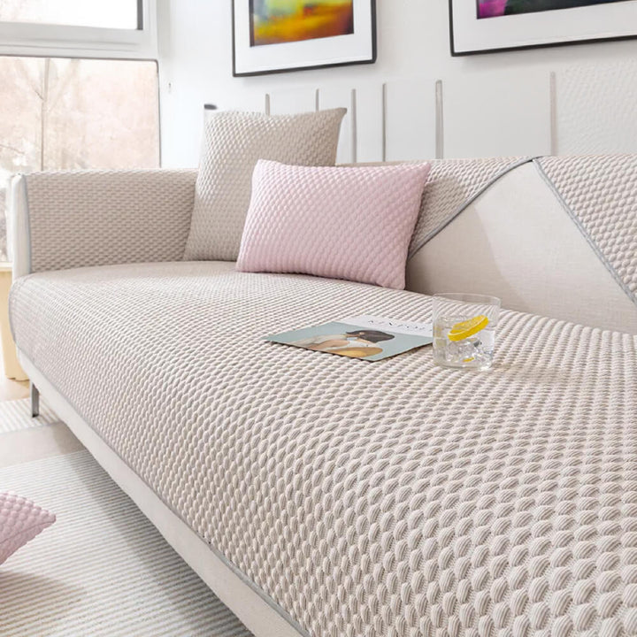Close-up of the anti-slip backing on a washable cooling sofa cover, ensuring secure pet-friendly fit
