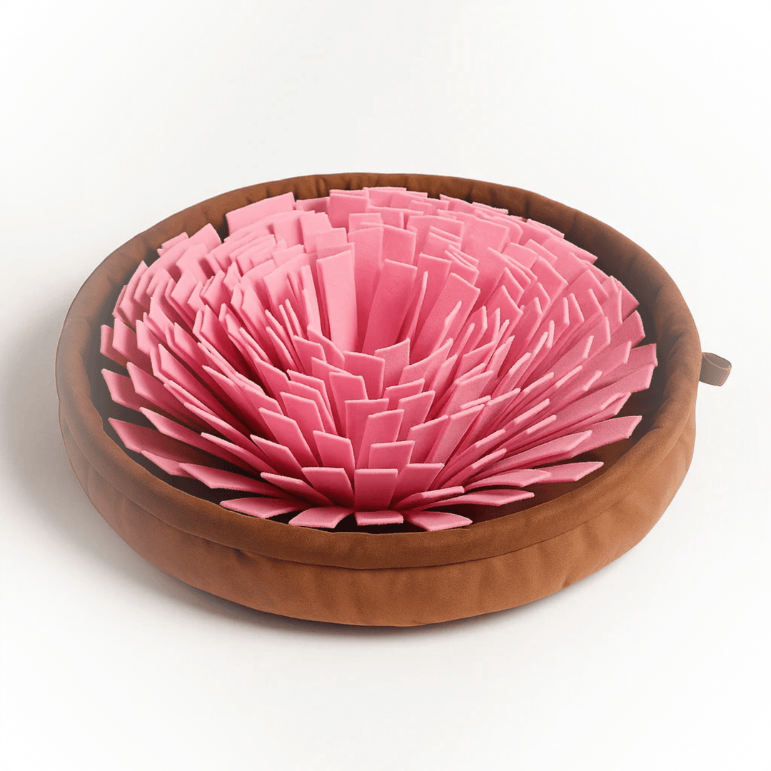 Close-up of dog actively engaging with colorful snuffle mat slow feeder, promoting healthy eating