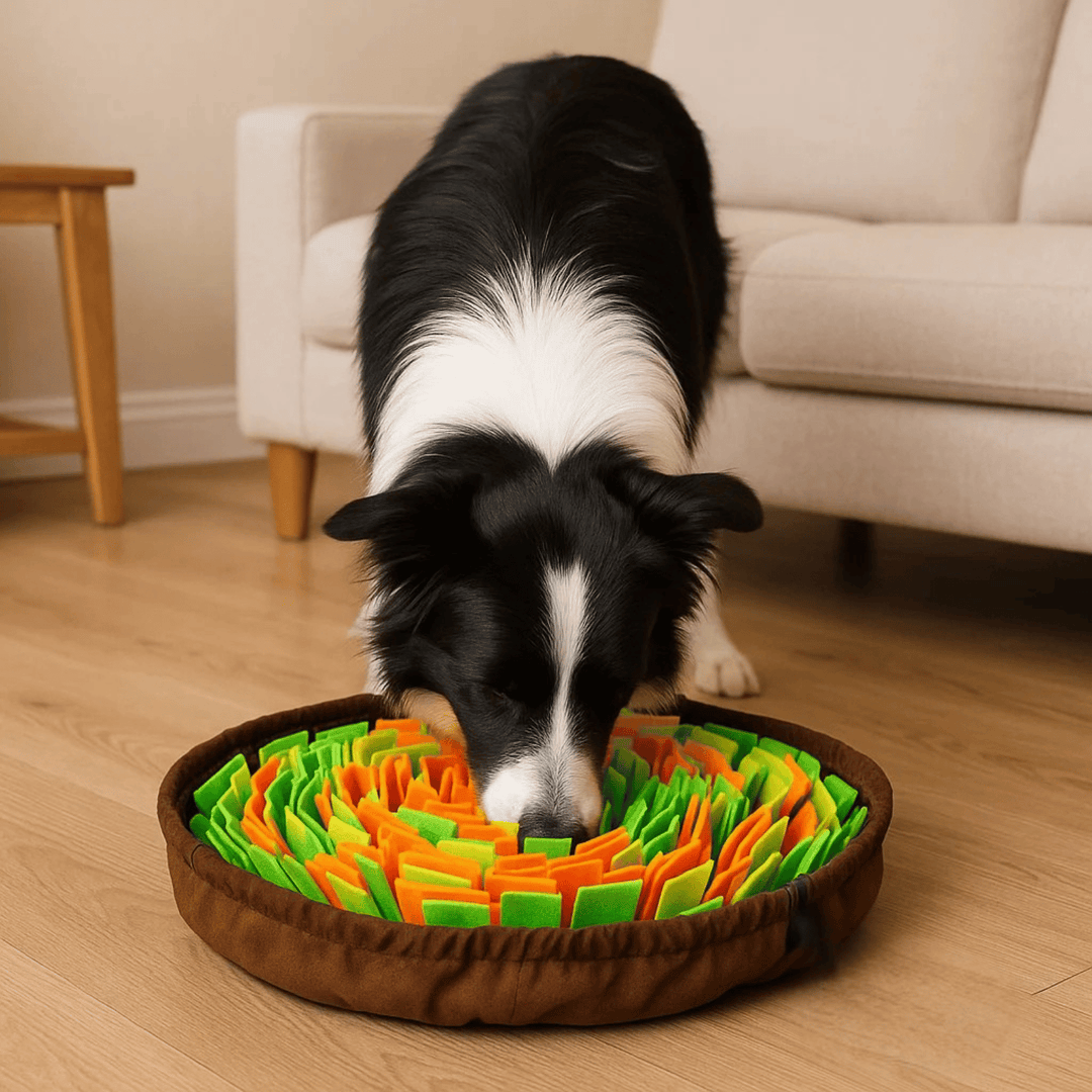 Overhead view of pet snuffle mat with various compartments, perfect for slow eating & dog puzzle