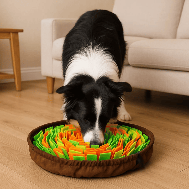 Overhead view of pet snuffle mat with various compartments, perfect for slow eating & dog puzzle