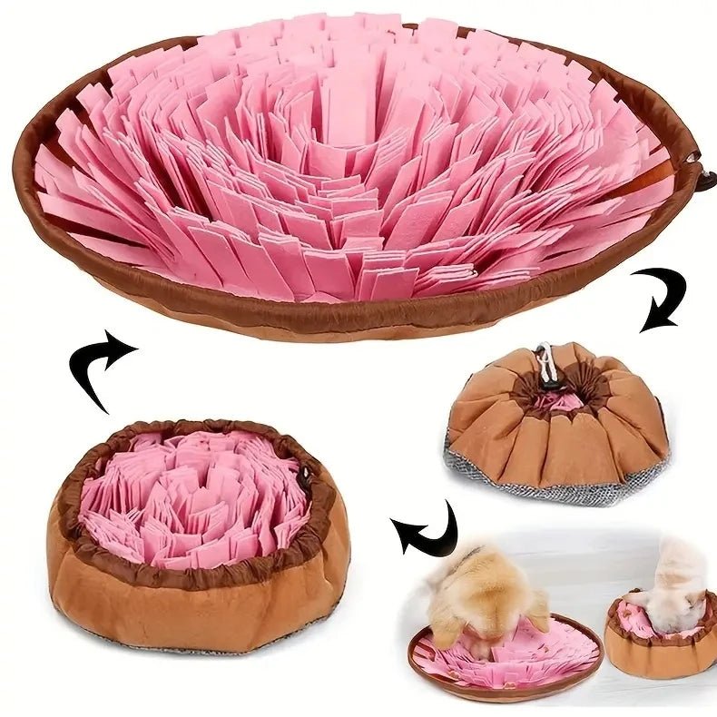 Packaged pet snuffle mat slow feeder, highlighting its portability and washable material