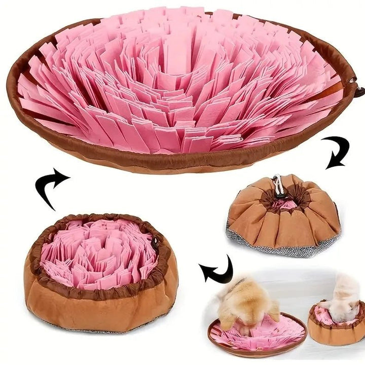 Packaged pet snuffle mat slow feeder, highlighting its portability and washable material