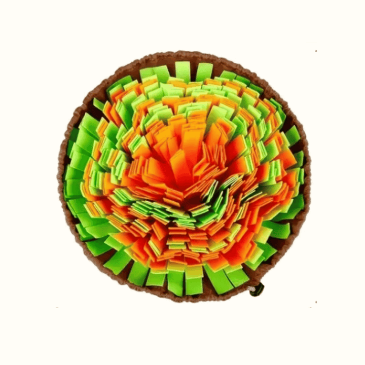 Happy dog sniffing and searching for treats in a pet enrichment snuffle mat slow feeder