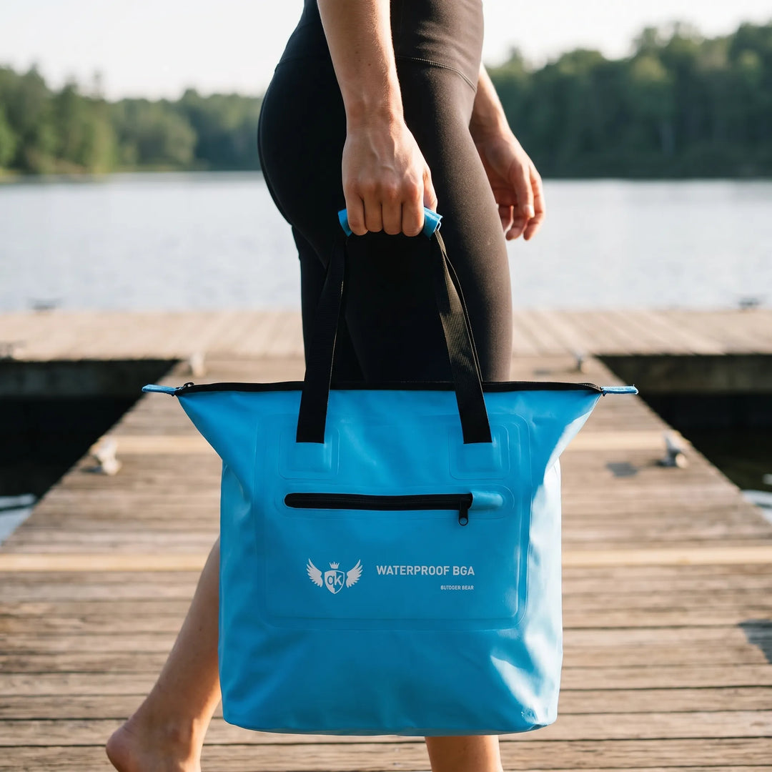 Unisex water-resistant shoulder tote bag for outdoor adventures. Durable travel, beach, and gym bag.