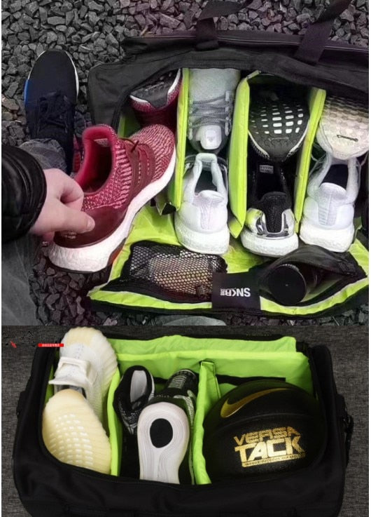 Black water-resistant travel bag with ventilated shoe compartment for sneakers & gym essentials.
