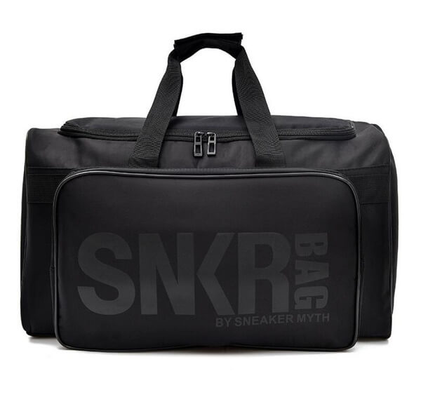 Black water-resistant sneaker travel bag with multiple compartments. Perfect for gym & sports gear.