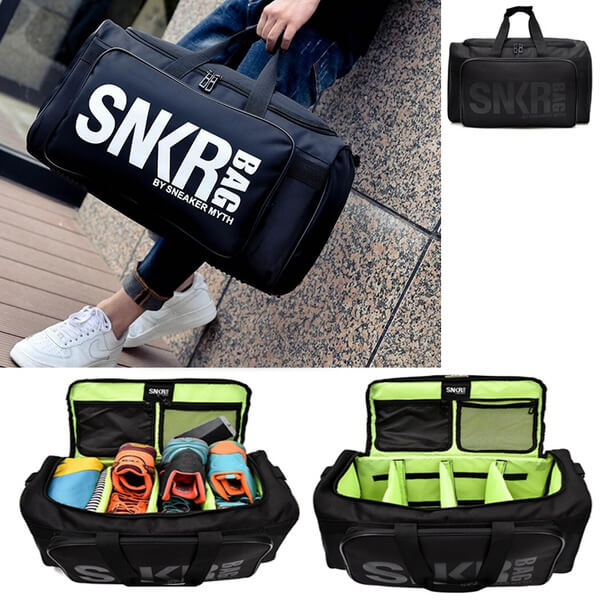 Travel-friendly water-resistant sneaker bag with separate compartments. Great for sports gear.