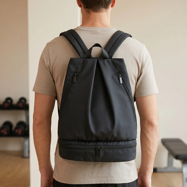 Unisex waterproof backpack in durable polyester, ideal for swim, travel & hiking adventures.