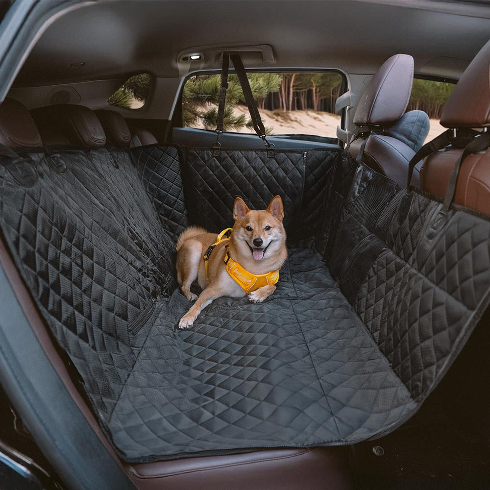 Durable and convertible pet car seat cover, providing complete back seat protection from dog adventures
