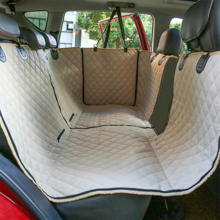 Dog car seat cover in black, waterproof and easy to clean, designed for all types of cars and pets