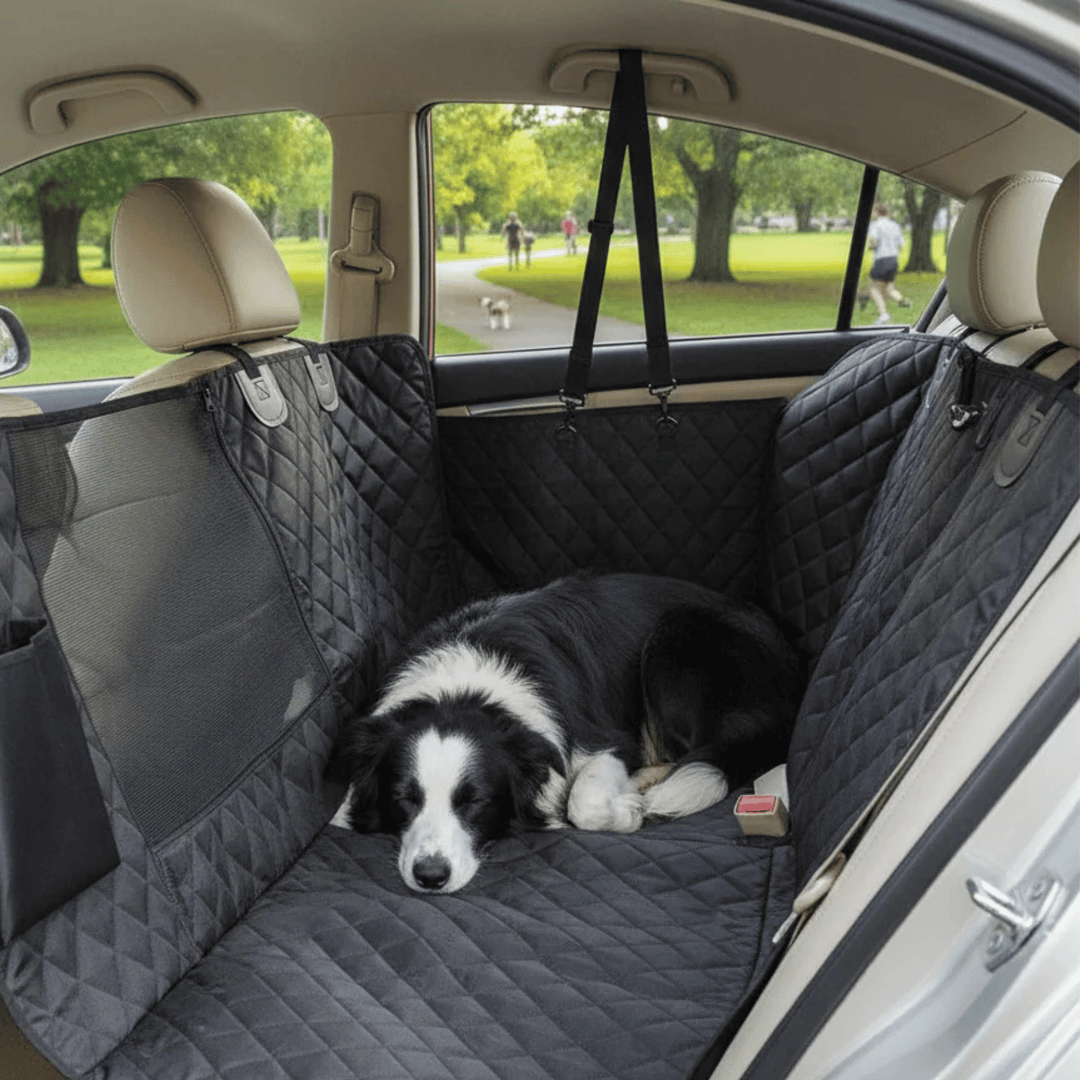 Black waterproof dog car seat protector for rear seats, featuring a mesh viewing window for pet comfort and safety.