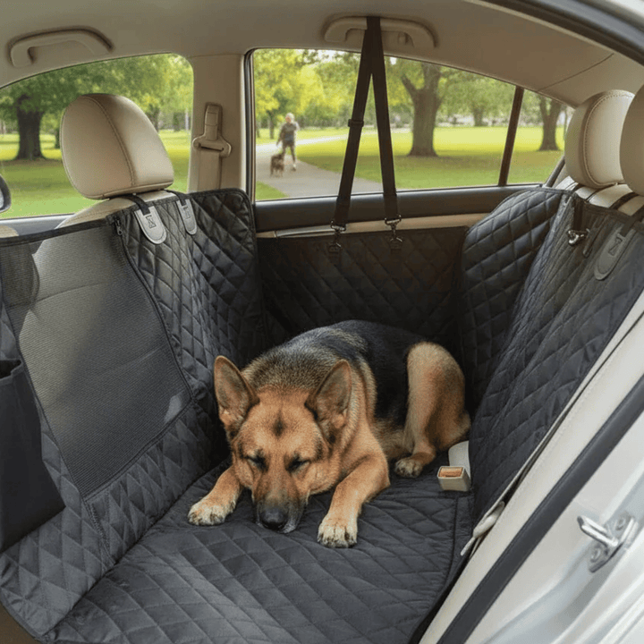 Durable pet travel hammock car seat guard, designed with waterproof fabric to protect vehicle upholstery from dog messes.