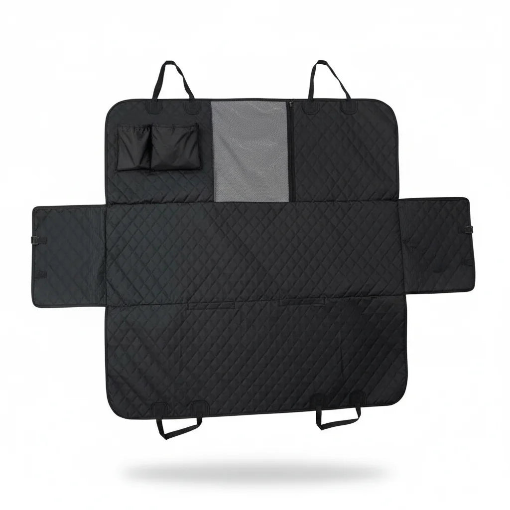 Waterproof dog backseat cover with side flaps and breathable mesh, an essential auto pet supply for comfortable travel.