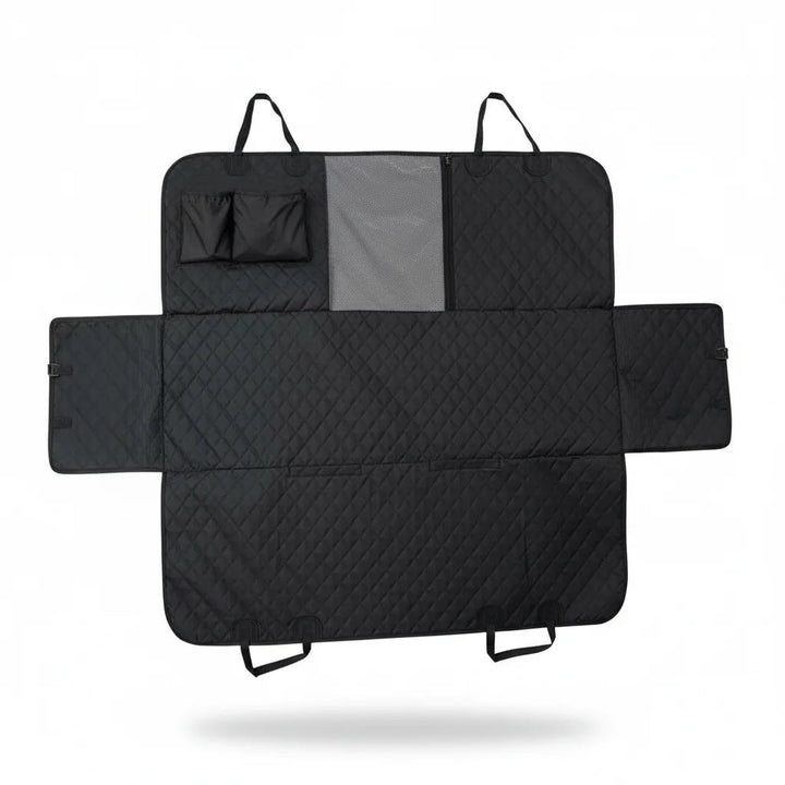 Waterproof dog backseat cover with side flaps and breathable mesh, an essential auto pet supply for comfortable travel.