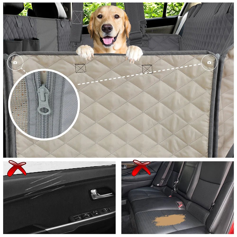 Washable dog car hammock in SUV cargo area, protecting against dirt, fur, and spills.