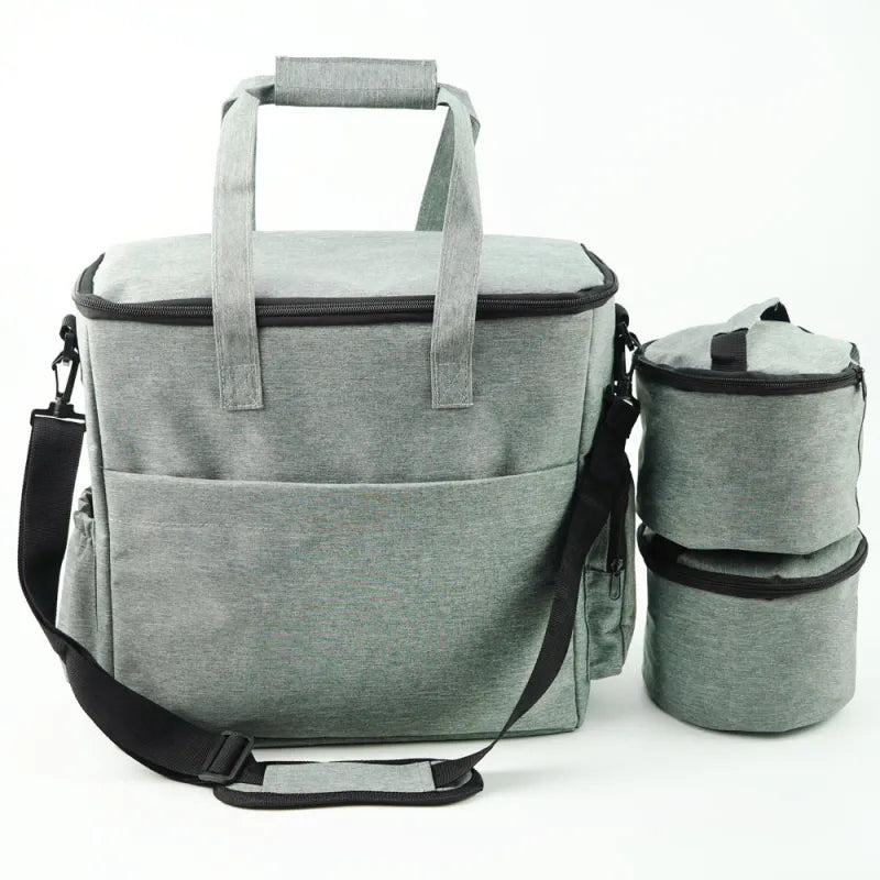 Close-up of a dog travel bag showing secure zippers and ample space for pet food & accessories in a car