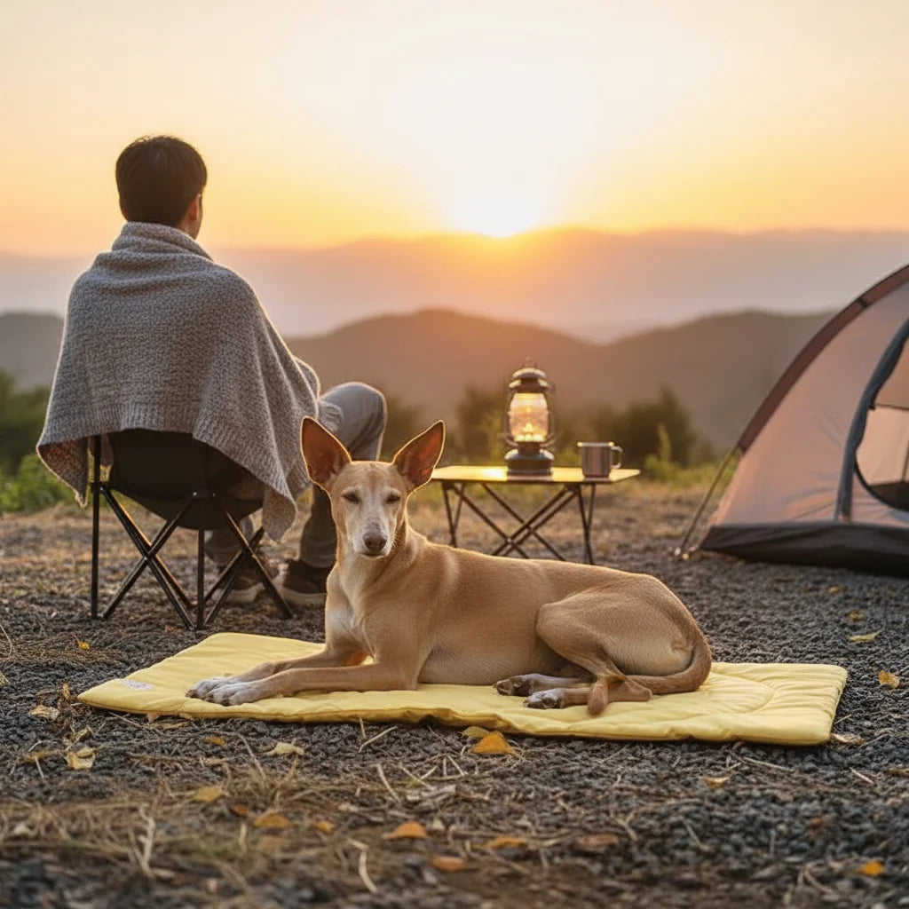 Pet travel mat, waterproof & foldable, providing easy clean comfort for dogs at home or on the go.