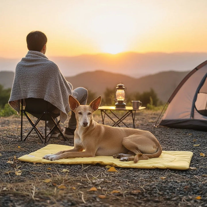 Pet travel mat, waterproof & foldable, providing easy clean comfort for dogs at home or on the go.