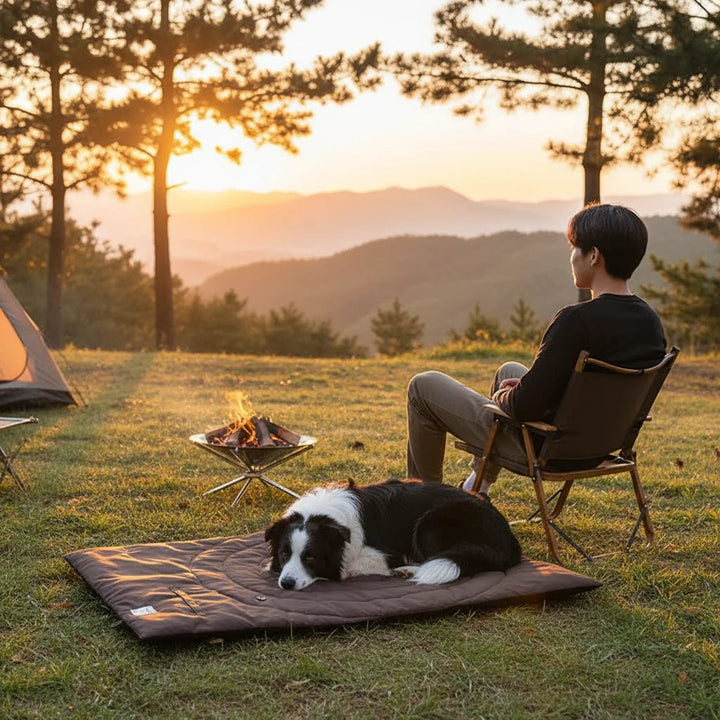 Close-up of waterproof fabric on a foldable pet mat, highlighting easy clean and durable features.