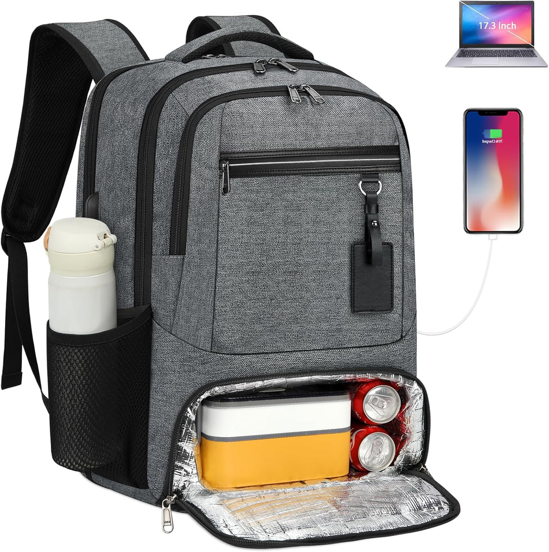 Unisex waterproof laptop backpack with USB charging port & insulated lunch pocket, ideal for daily carry.