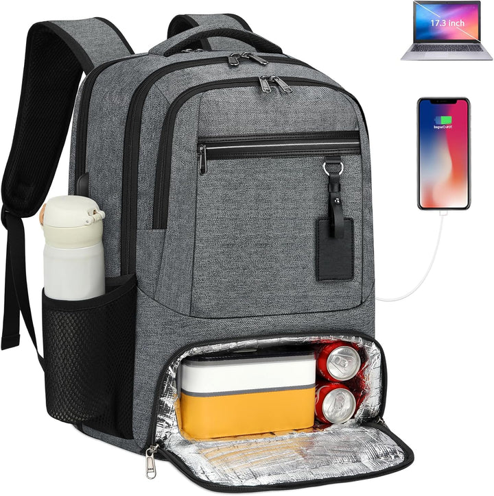 Unisex waterproof laptop backpack with USB charging port & insulated lunch pocket, ideal for daily carry.