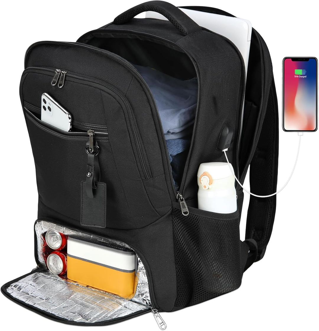 Smart commuter backpack: waterproof exterior, USB charging, laptop storage & insulated lunch compartment.