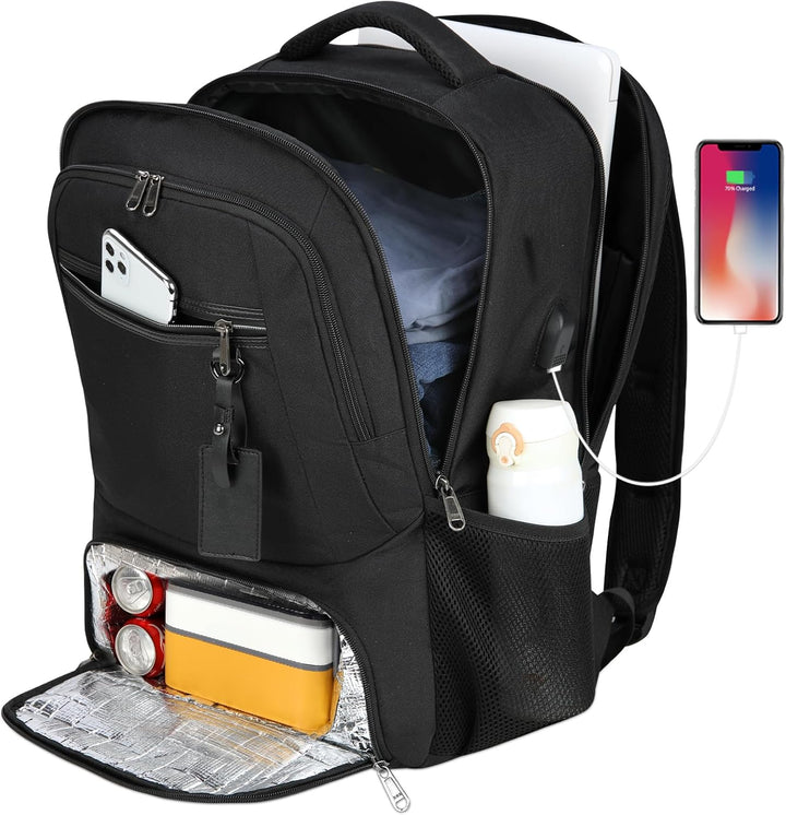 Smart commuter backpack: waterproof exterior, USB charging, laptop storage & insulated lunch compartment.