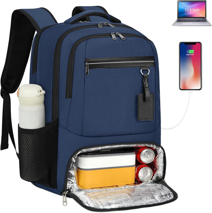 Unisex waterproof bag for laptops, with built-in USB charger & insulated pocket for meals on-the-go.