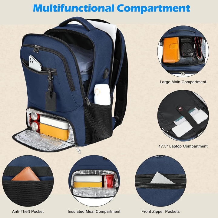 Efficient organization backpack: waterproof, laptop ready, USB pass-through & insulated lunch storage.