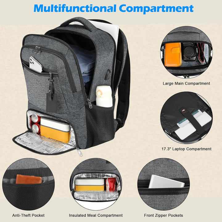Black waterproof laptop backpack, perfect for work, school, or travel; features USB & lunch pocket.